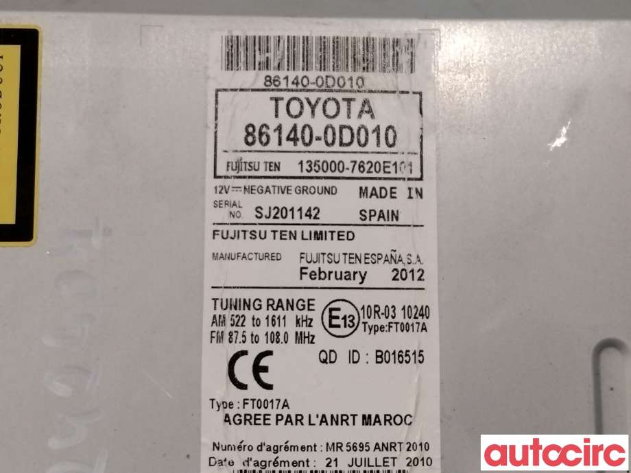 Bilstereo til Toyota Yaris 2012-2014 (Type III, Fase 1)  (TOYOTA|861400D010)