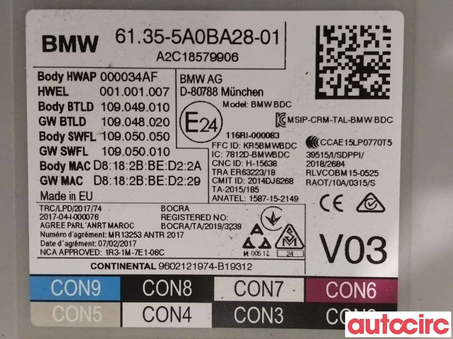 Sikringsboks til BMW 5-Serie 2017-->> (G30/G31) (G30/G31) (BMW|61355A1F375|61355A0BA28)