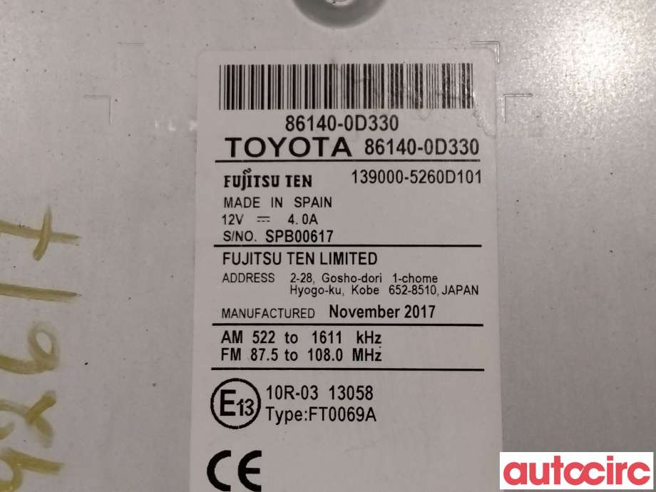 Bilstereo til Toyota Yaris 2014-2020 (Type III, Fase 2)  (TOYOTA|861400D330)