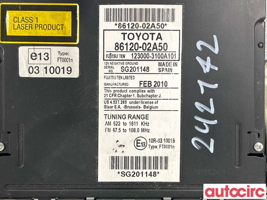 Bilstereo til Toyota Auris 2010-2012 (Type I, Fase 2)  (TOYOTA|8612002A50)