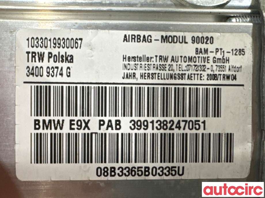 Airbag passasjer til BMW 3-Serie 2005-2011 (E90/E91/E92/E93) (E90/E91/E92/E93) (BMW|72129138247|34009374G|399138247051)
