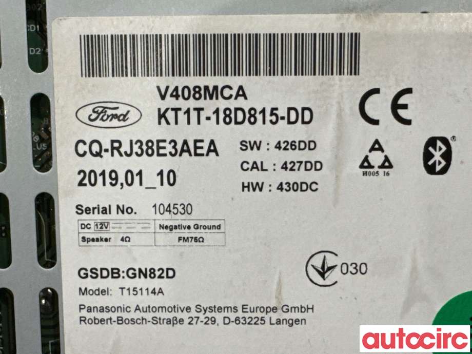 Bilstereo til Ford Transit Connect 2018-->> Type II, Fase 2  (FORD|2642949|T15114A|KT1T-18D815-DD)