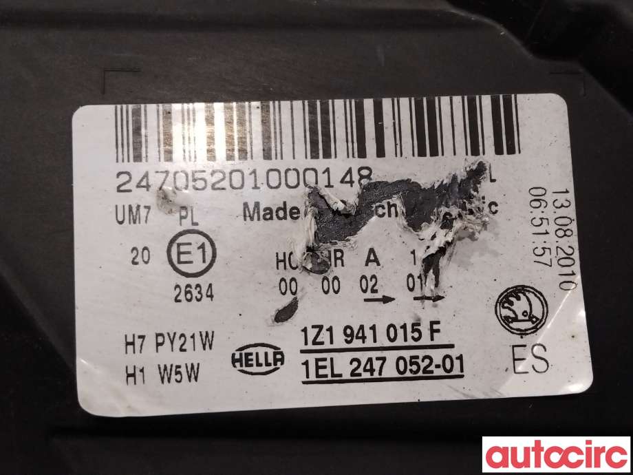 Frontlykt venstre halogen til Škoda Octavia 2009-2013 (Type II, Fase 2) (SKODA|1Z1941017S)