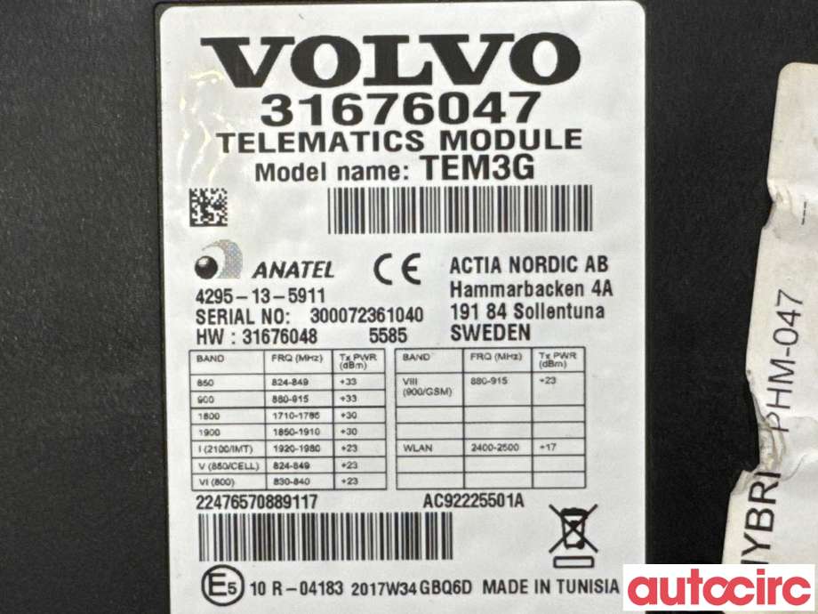 Dashbord telefon til Volvo V60/V60 CC 2013-2018 (Type I, Fase 2) (VOLVO|36011470|TEM3G|31676048)