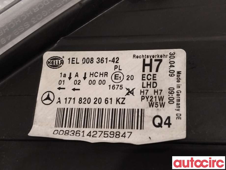Frontlykt høyre halogen til Mercedes SLK 2005-2011 (R171) (R171) (MERCEDES|A1718202061)