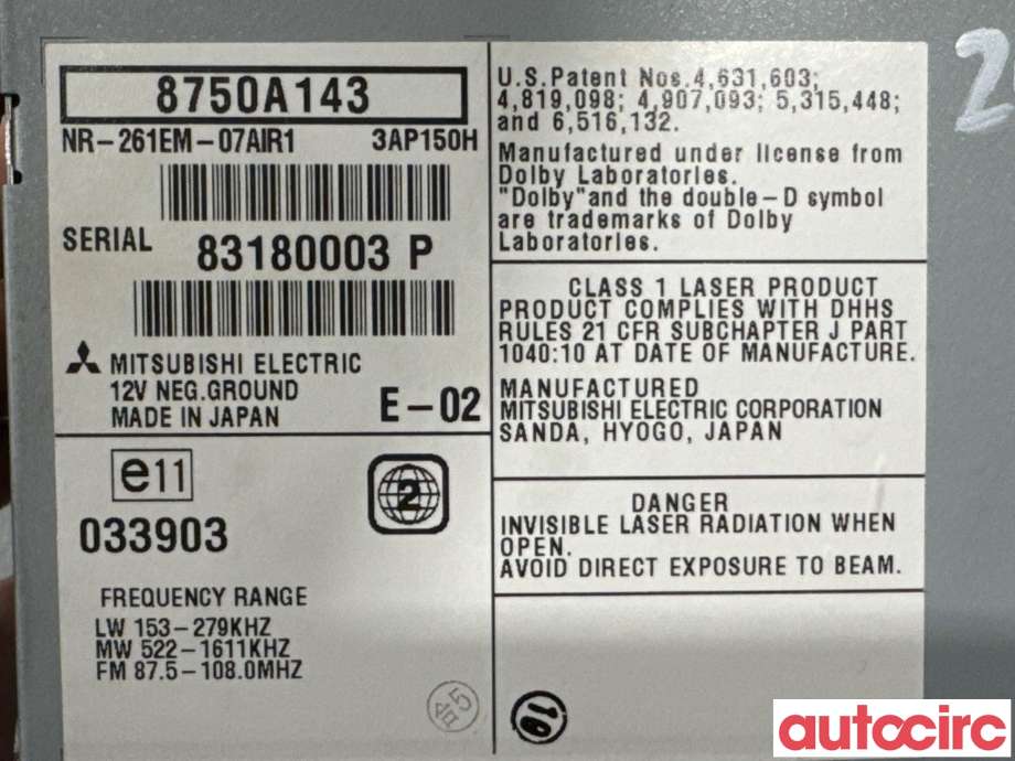 Bilstereo navigasjon til Mitsubishi Outlander 2007-2010 (Type II, Fase 1) (MITSUBISHI|8750A143|NR-261EM-07AIR1)