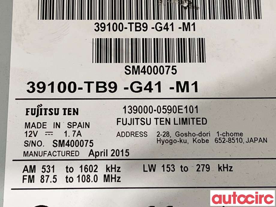 Bilstereo til Honda Civic 2012-2015 (Type IX, Fase 1) (HONDA|39100-TB9-G41)