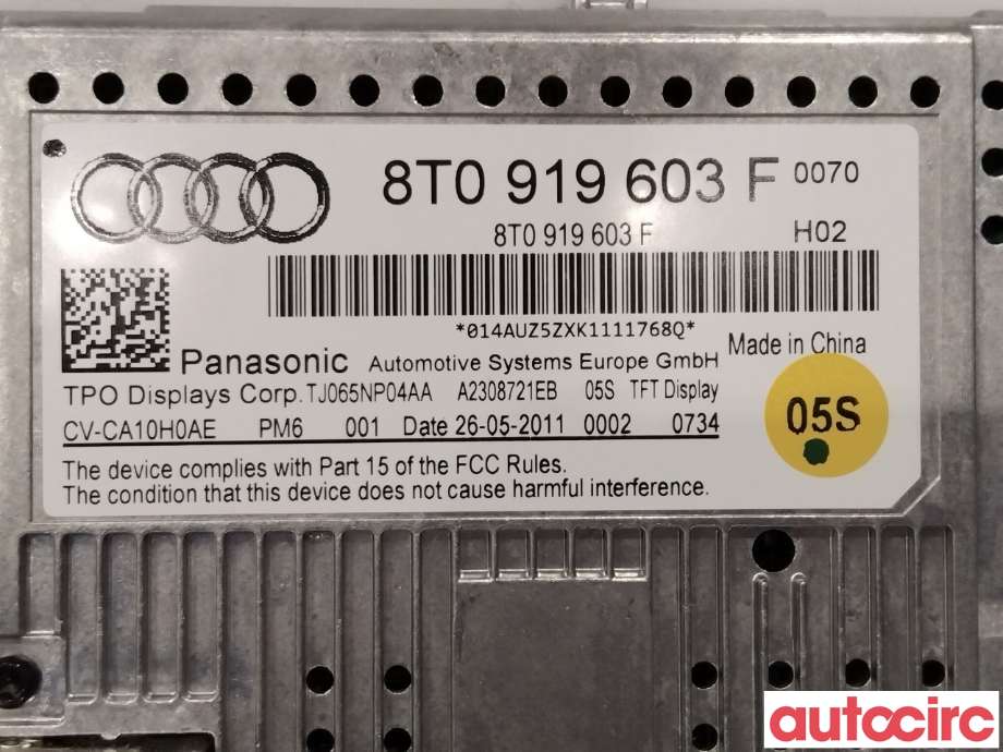 Multimedia display (MCU - Media Controller Unit) til Audi A5 2007-2016 (Type I) (AUDI|8T0919603E|8T0919603F|8T0919603G)