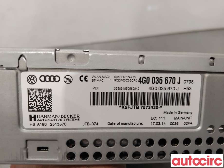 Bilstereo navigasjon til Audi A6 2014-2018 (Type IV, Fase 2) (C7) (C7) (AUDI|4G0035670J|HSA190)