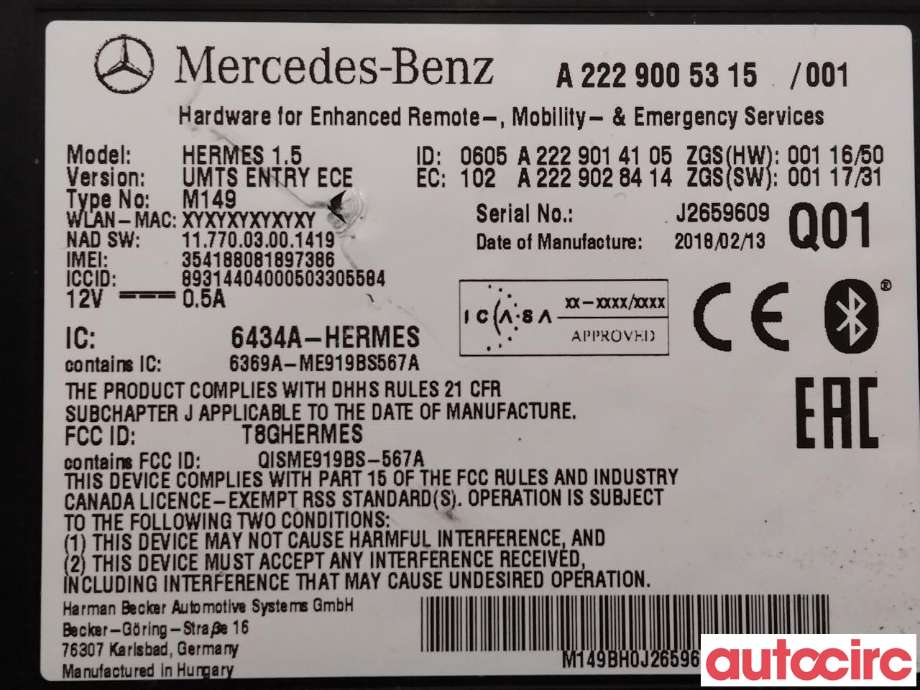 Styreenhet diverse til Mercedes C-Klasse 2018-2021 (Fase 2) (W205) (W205) (MERCEDES|A2229005315|)
