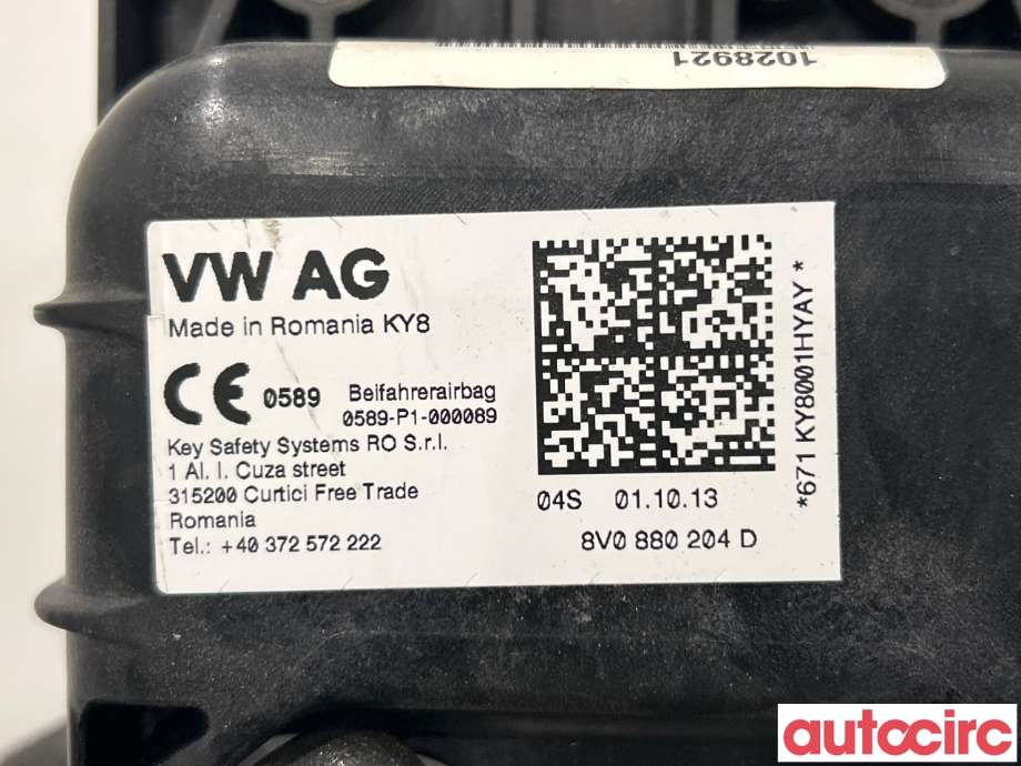 Airbag passasjer til Škoda Octavia 2013-2016 (Type III, Fase 1) (SKODA|8V0880204M|8V0880204D)