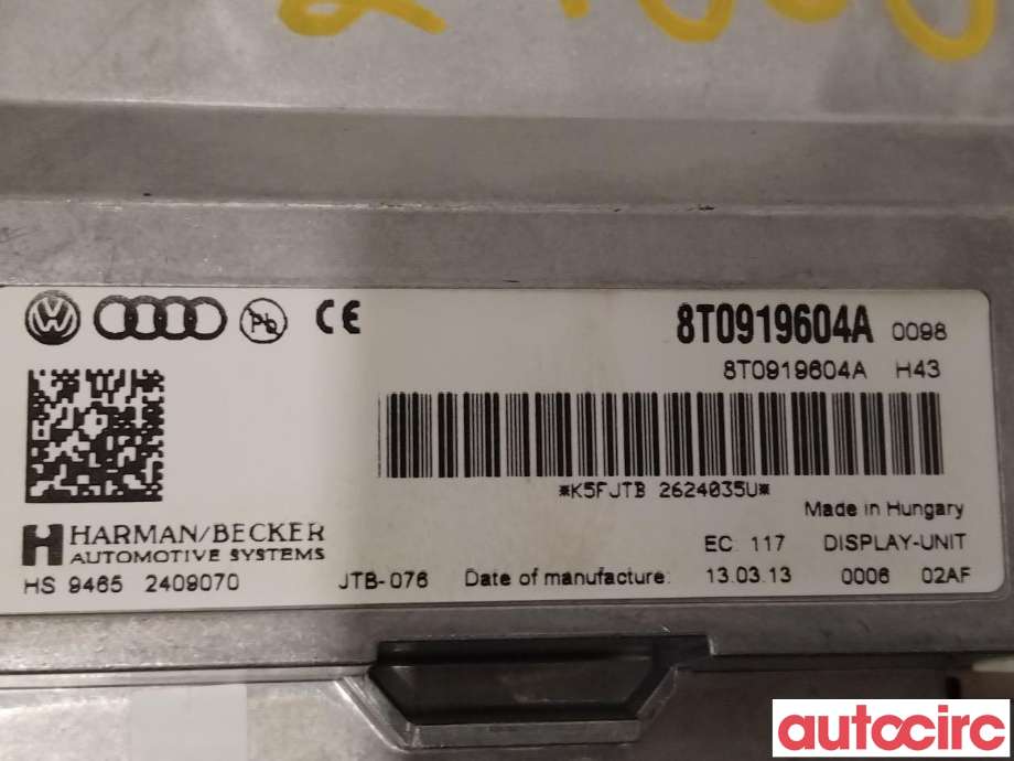 Multimedia display (MCU - Media Controller Unit) til Audi A5 2007-2016 (Type I)  (AUDI|8T0919604A)