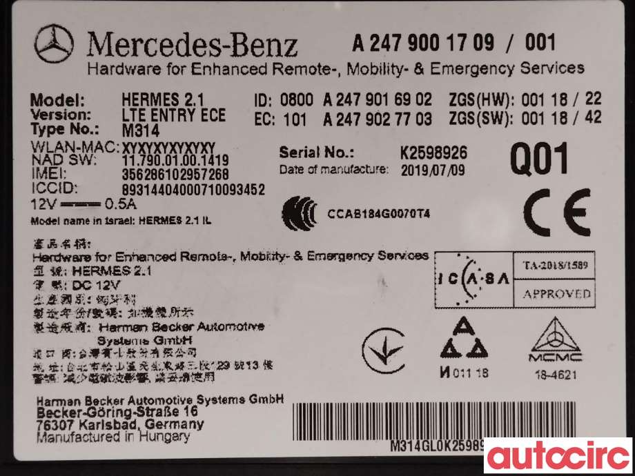 Styreenhet diverse til Mercedes Vito 2014-->> (W447) (W447) (MERCEDES|A2479001709)