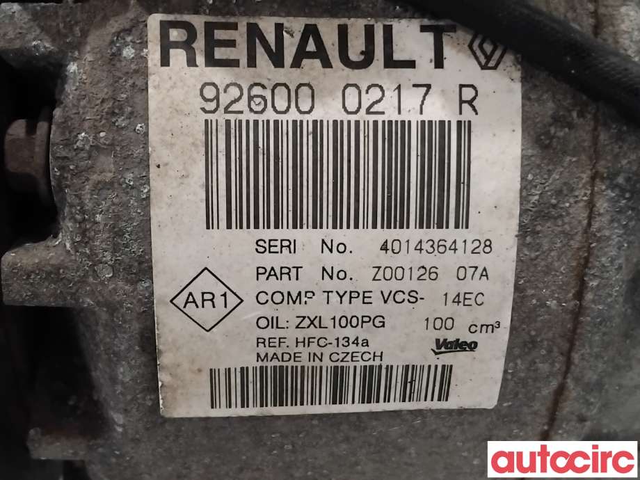 Aircondition kompressor til Renault Clio 2012-2016 (Type IV, Fase 1) (RENAULT|926004183R|VCS-14EC|926000217R)