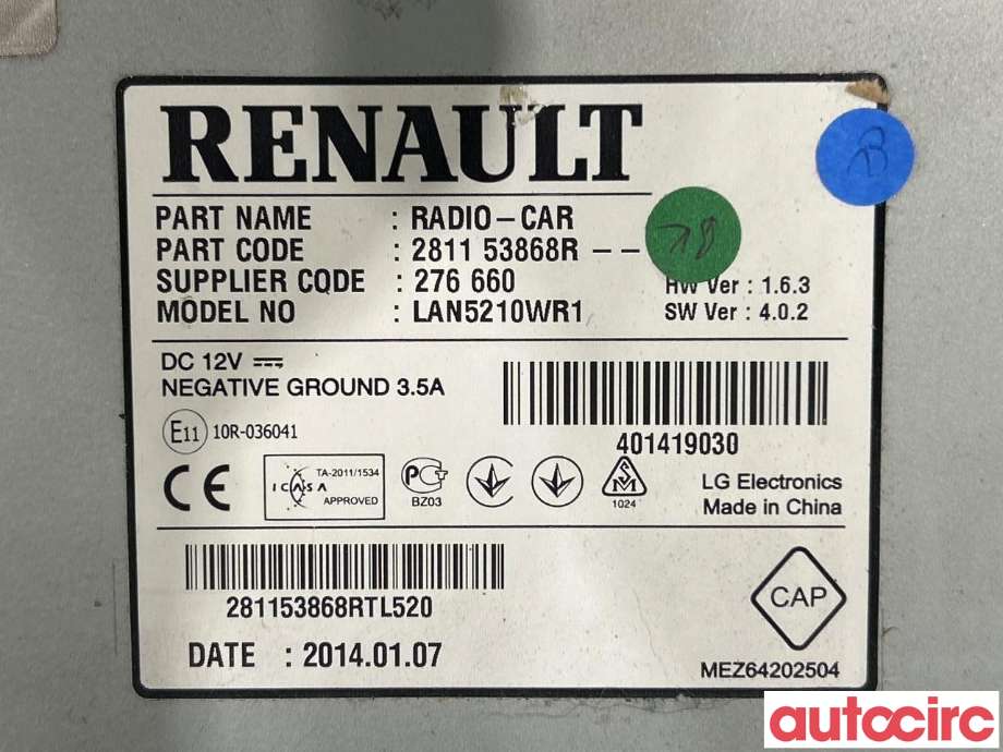 Bilstereo til Renault Clio 2012-2016 (Type IV, Fase 1)  (RENAULT|281153868R)