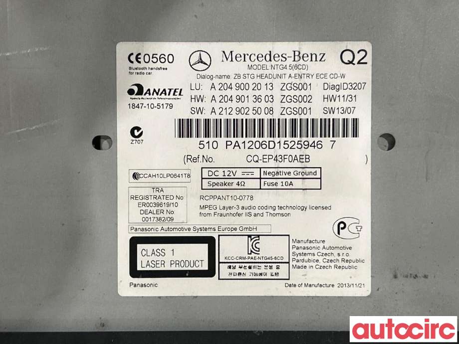 Bilstereo til Mercedes C-Klasse 2011-2014 (Fase 2) (W204) (W204) (MERCEDES|A2049003914|A2049002013)