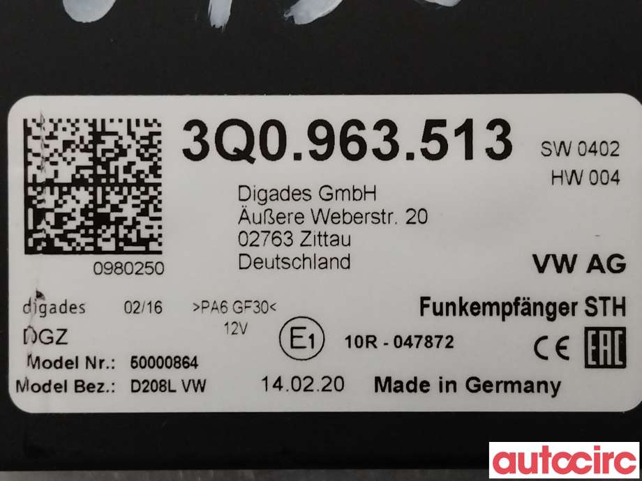 Styreenhet diverse til Škoda Octavia 2017-2020 (Type III, Fase 2)  (SKODA|3Q0963513)