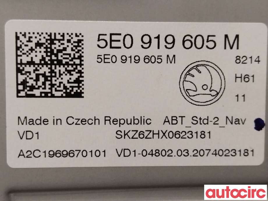 Multimedia display (MCU - Media Controller Unit) til Škoda Octavia 2017-2020 (Type III, Fase 2)  (SKODA|5E0919605M|A2C1969670101)