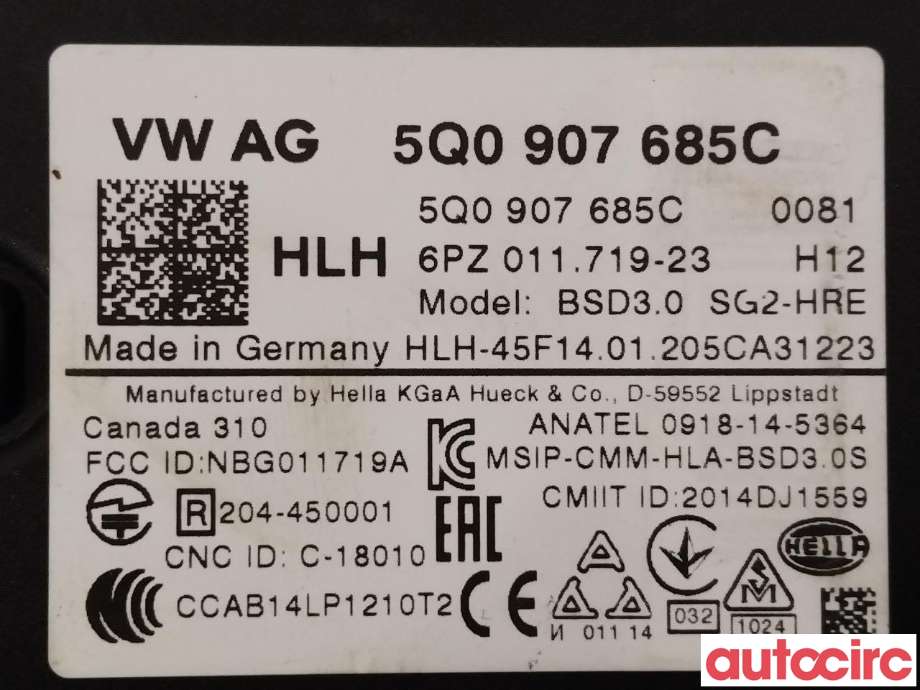 Sensor radar til Škoda Octavia 2017-2020 (Type III, Fase 2)  (SKODA|5Q0907685C)