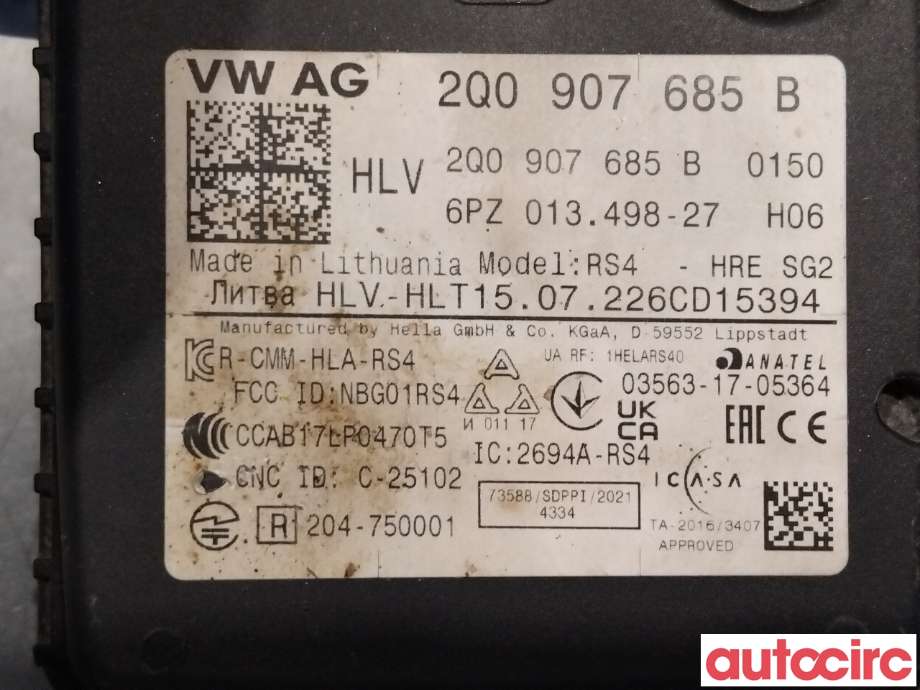 Sensor radar til VW Passat 2015-2019 (Fase 1) (B8) (B8) (VOLKSWAGEN|2Q0907685B|6PZ013498-27)