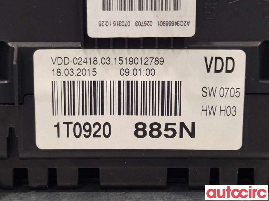 Instrumentpanel til VW Touran 2010-2015 (Type I, Fase 3)  (VOLKSWAGEN|1T0920885N)