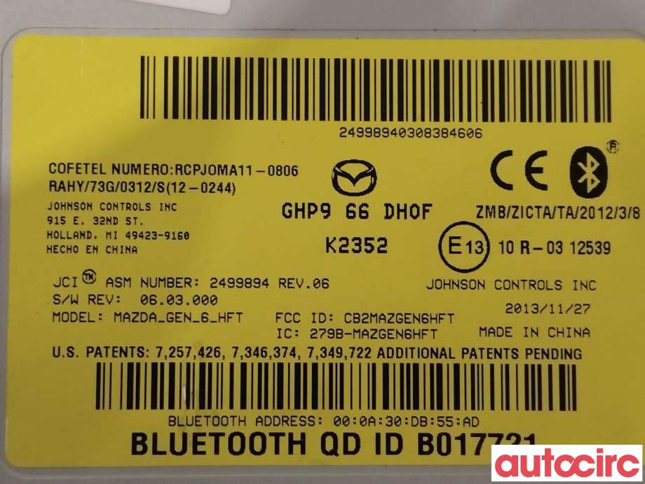 Styreenhet bluetooth til Mazda CX-5 2012-2017 (Type I)  (MAZDA|GHP9-66-DH0H|GHP966DH0F)