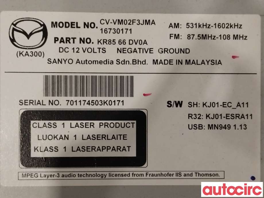 Bilstereo til Mazda CX-5 2012-2017 (Type I)  (MAZDA|KR85-66-DV0B|KR85-66-DV0A)