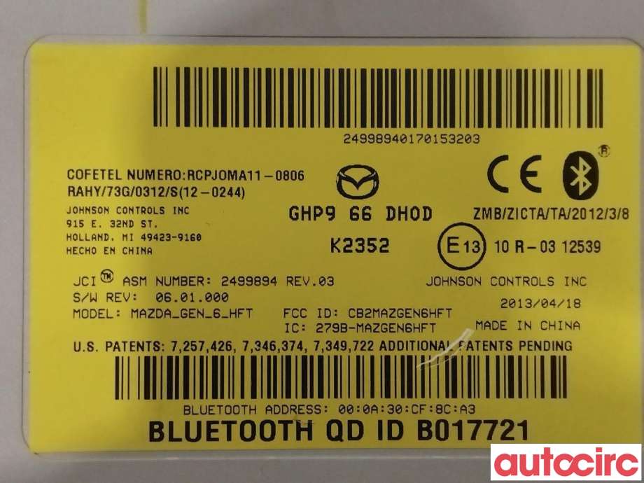 Styreenhet bluetooth til Mazda CX-5 2012-2017 (Type I) (MAZDA|GHP9-66-DH0H|GHP9-66-DH0D)