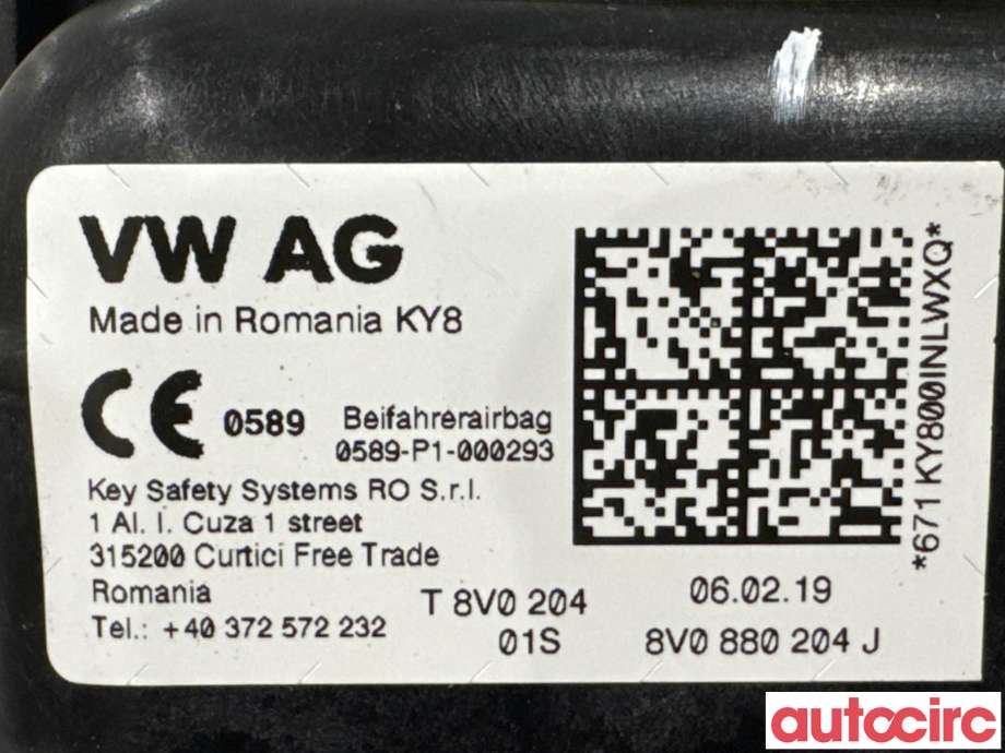 Airbag passasjer til VW e-Golf 2017-2020 (Fase 2)  (VOLKSWAGEN|8V0880204J|0589-P1-000293|8V0880204M)