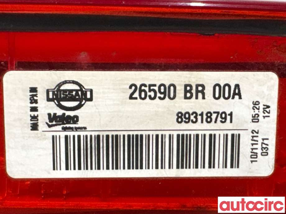 Baklykt bremselys bakrute til Nissan Qashqai 2010-2014 (Type I, Fase 2)  (NISSAN|26590BR00A|89318791)