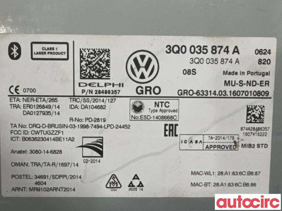 Bilstereo navigasjon til VW e-Golf 2014-2017 (Fase 1) (VOLKSWAGEN|3Q0035874A|28486357)