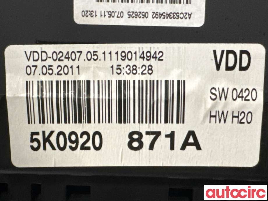 Instrumentpanel til VW Golf VI 2008-2012  (VOLKSWAGEN|5K0920871A|A2C53345492)