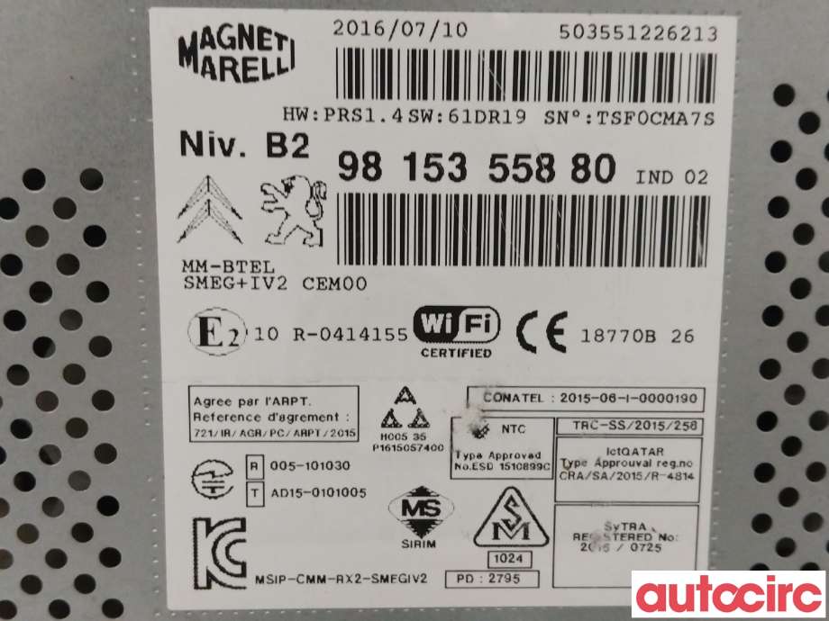 Multimedia display (MCU - Media Controller Unit) til Peugeot Partner 2015-2019 (Type II, Fase 2) (PEUGEOT|1615654580|9815355880)