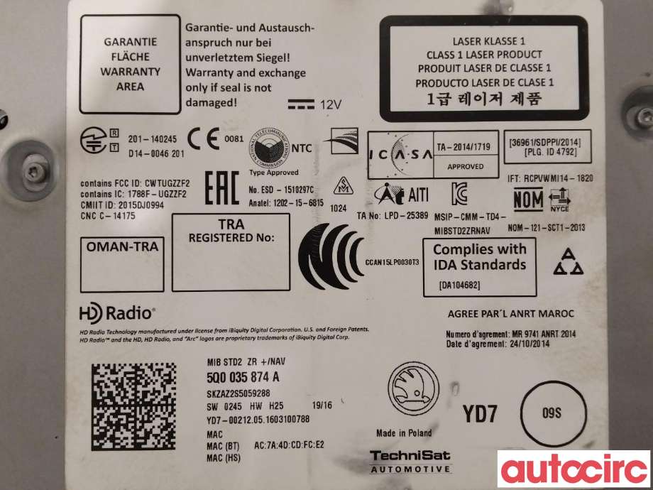Bilstereo diverse til Škoda Octavia 2013-2016 (Type III, Fase 1) (SKODA|5Q0035874A)