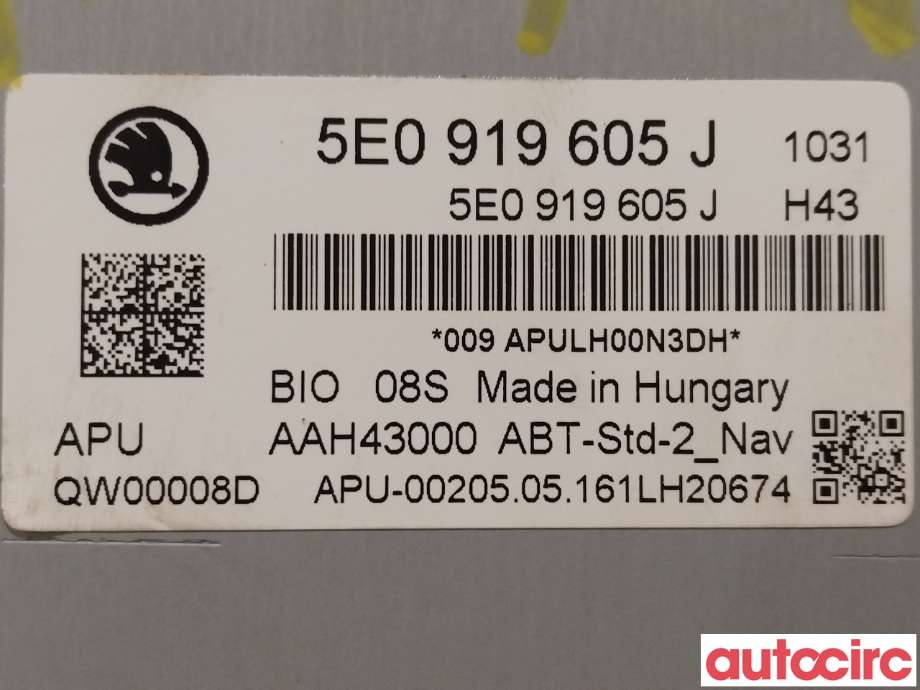 Multimedia display (MCU - Media Controller Unit) til Škoda Octavia 2013-2016 (Type III, Fase 1)  (SKODA|5E0919605J|QW00008D)