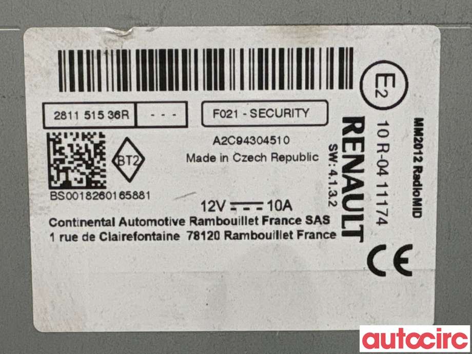 Bilstereo til Renault Zoe 2013-2019 (Fase 1)  (RENAULT|NO NR|281151536R)