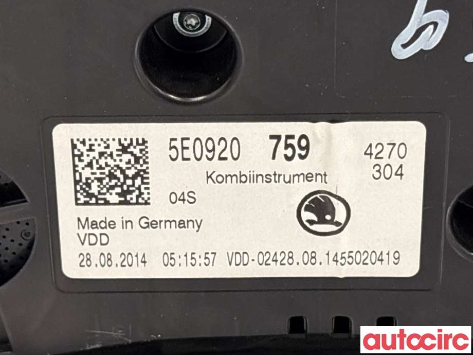 Instrumentpanel til Škoda Octavia 2013-2016 (Type III, Fase 1)  (SKODA|5E0920759|A2C87097200)