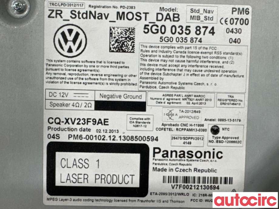 Bilstereo navigasjon til VW Golf VII 2012-2017 (Fase 1) (VOLKSWAGEN|5G0035874|)