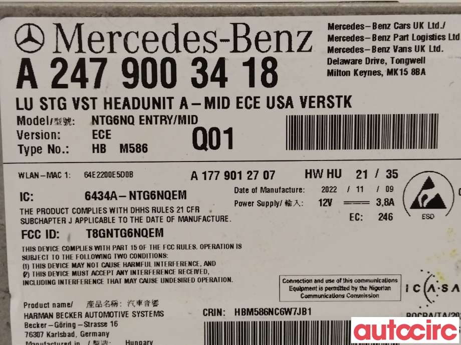 Bilstereo til Mercedes EQB 2022-->> (MERCEDES|A2479003418)