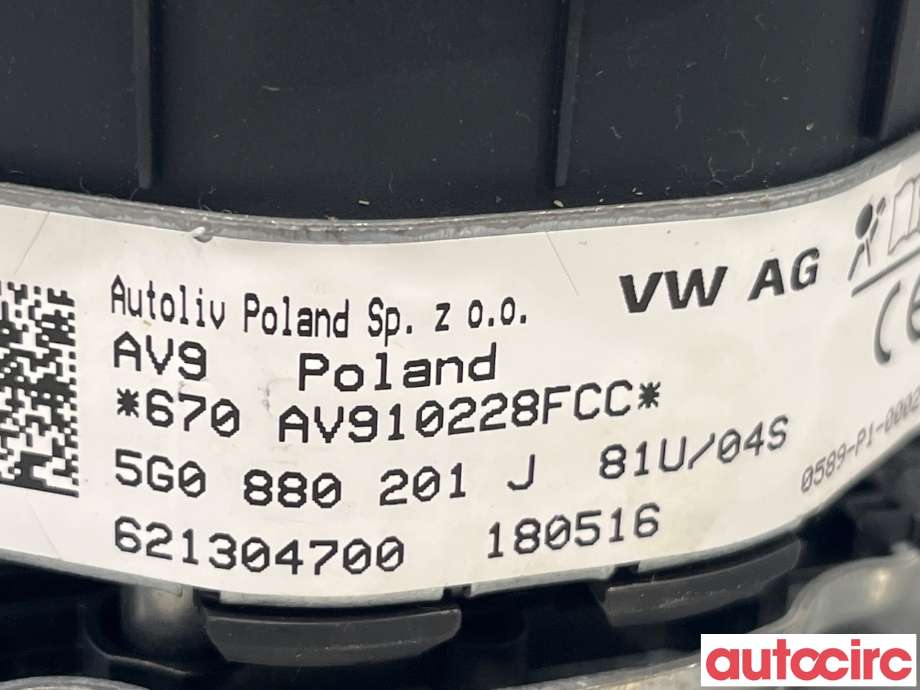 Airbag rattpute til VW e-Golf 2014-2017 (Fase 1)  (VOLKSWAGEN|5G0880201J|621304700|5G0880201AC)
