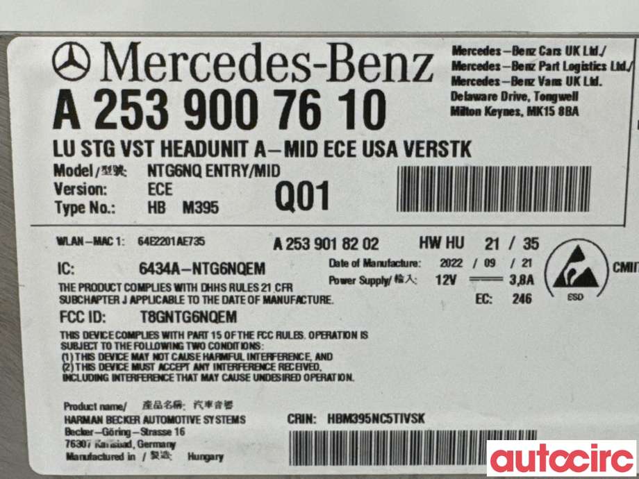 Bilstereo navigasjon til Mercedes EQC 2019-->>  (MERCEDES|A2539007610|HBM395)