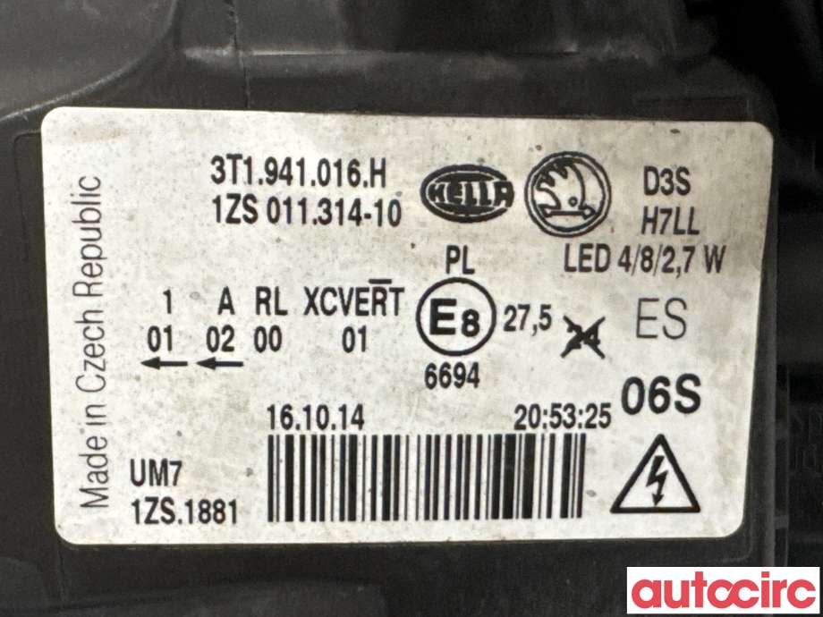 Frontlykt høyre xenon til Škoda Superb 2008-2015 (Type II)  (SKODA|3T1941018H|1ZS011314-10|3T1941016H)