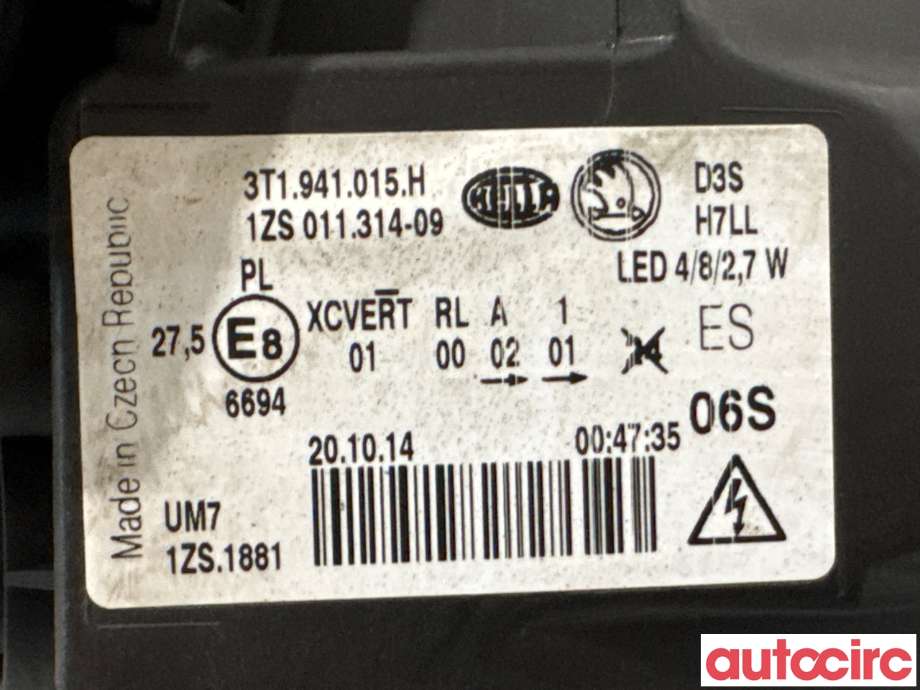 Frontlykt venstre xenon til Škoda Superb 2008-2015 (Type II)  (SKODA|3T1941017H|1ZS011314-09|3T1941015H)