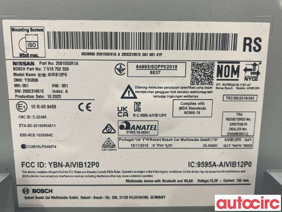 Multimedia display (MCU - Media Controller Unit) til Nissan Leaf 2018-->> (Type II) (NISSAN|259155SN0C|259155SR1A)