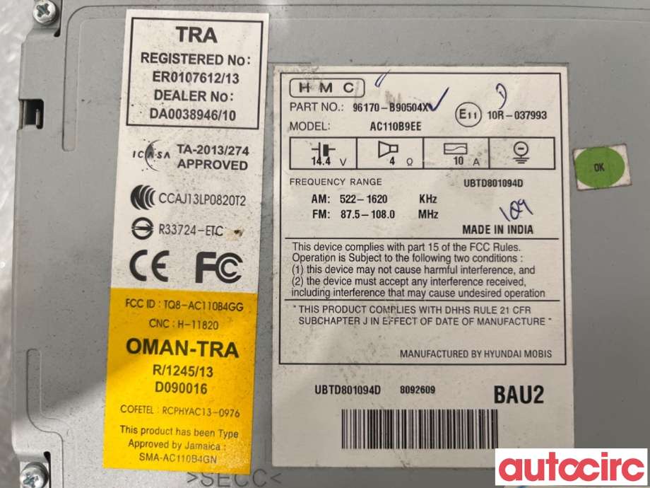 Bilstereo til Hyundai i10 2008-2013 (Type I)  (HYUNDAI|96170B90504X|AC110B9EE|86170-B90504X)