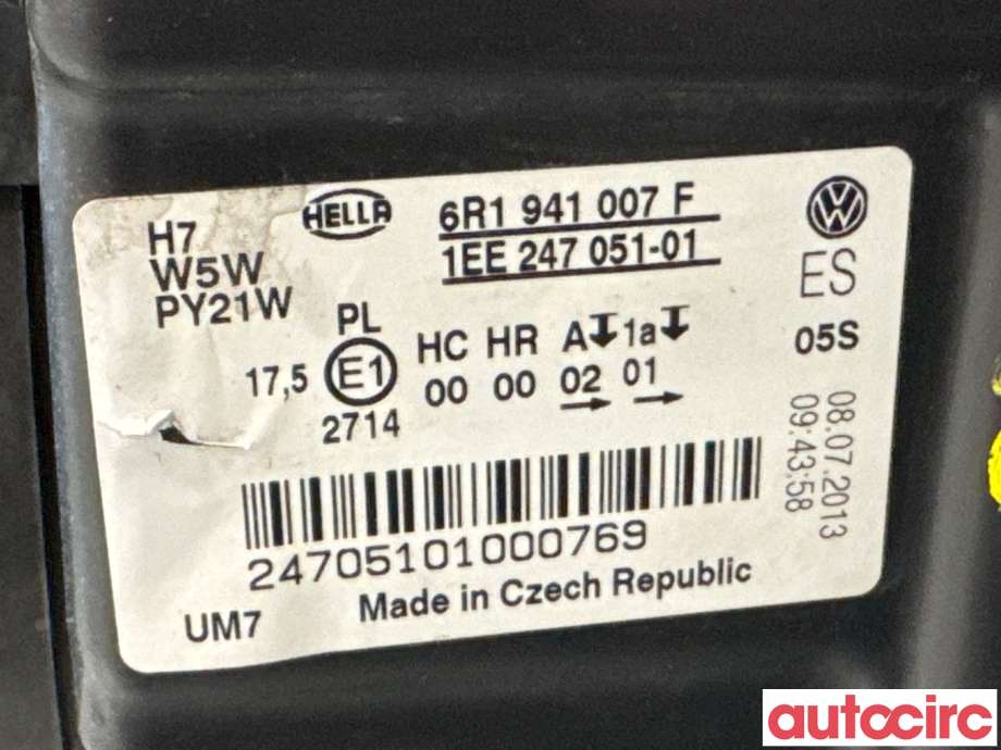 Frontlykt venstre halogen til VW Polo 2009-2014 (Type V, Fase 1)  (VOLKSWAGEN|6R1941007F|1EE247051-01)