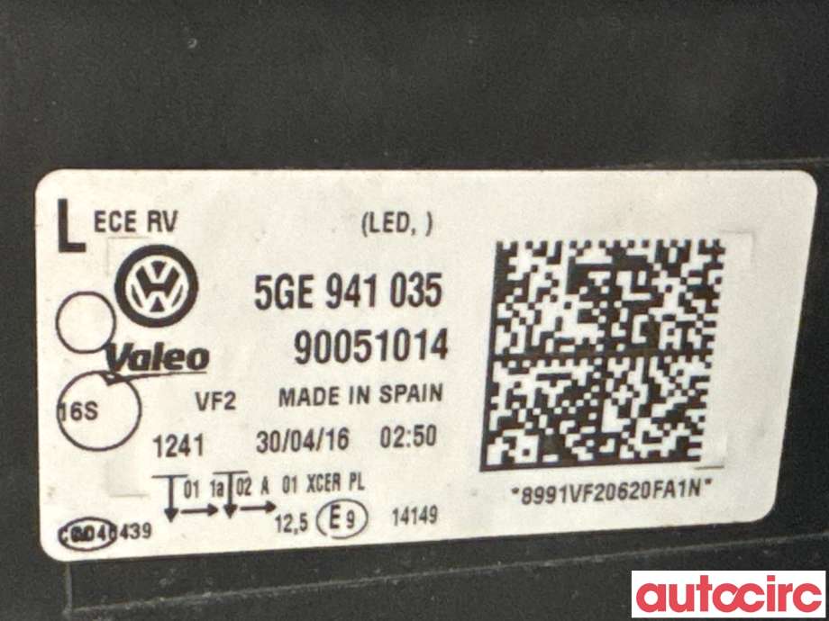 Frontlykt venstre halogen til VW e-Golf 2014-2017 (Fase 1)  (VOLKSWAGEN|5GE941773|90051014|5GE941035)