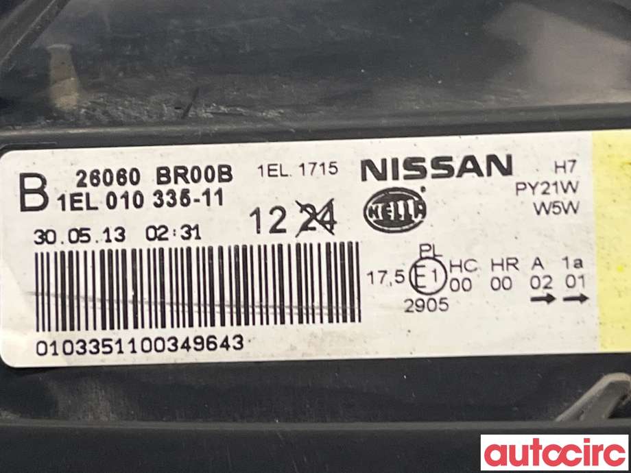 Frontlykt venstre halogen til Nissan Qashqai 2010-2014 (Type I, Fase 2)  (NISSAN|26060BR00B)