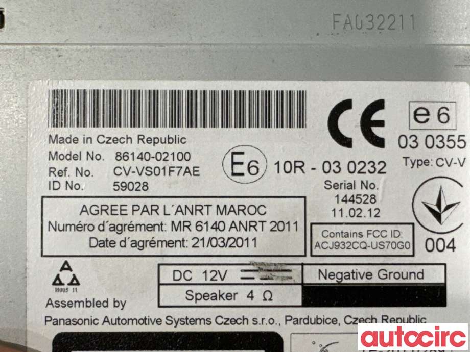 Bilstereo til Toyota Auris 2010-2012 (Type I, Fase 2)  (TOYOTA|8614002100||86140-02100)
