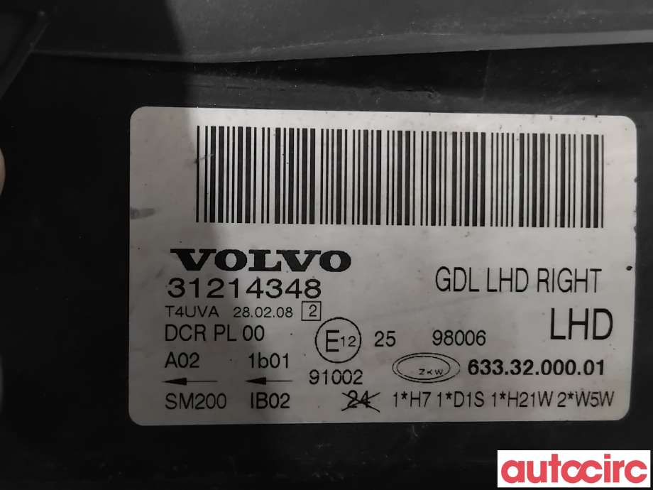 Frontlykt høyre xenon til Volvo V70 2007-2013 (Type III, Fase 1)  (VOLVO|31214416|6333200001|31214348)